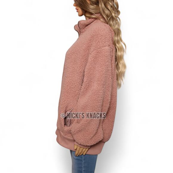 American Eagle Mauve Pink Sherpa Half Zip Pullover Teddy Jacket Sweatshirt M - Picture 3 of 10